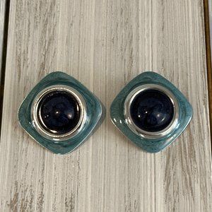 Love These! Silver Tone Metal w Teal & Navy Enamel Funky Mod. Pierced Earrings